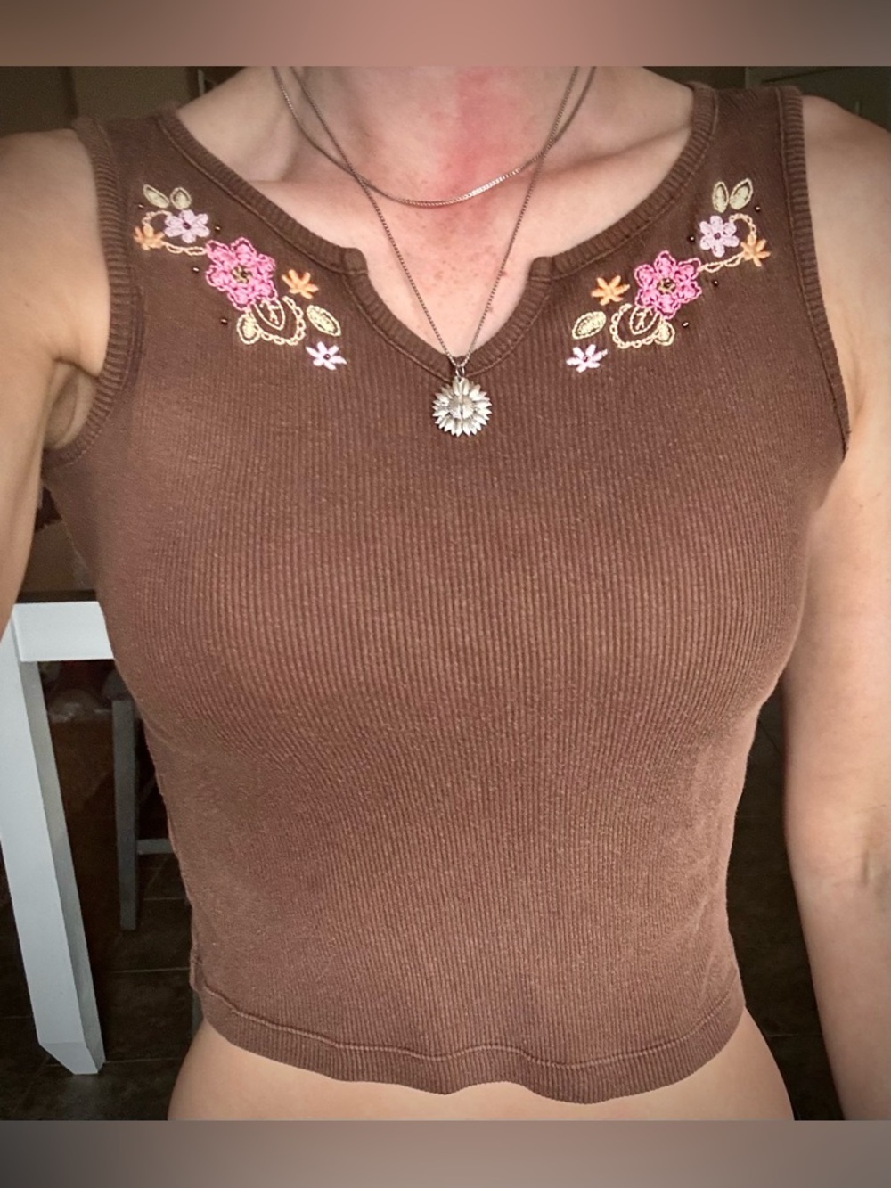 Brown Floral Embroidered Ribbed Tank Top